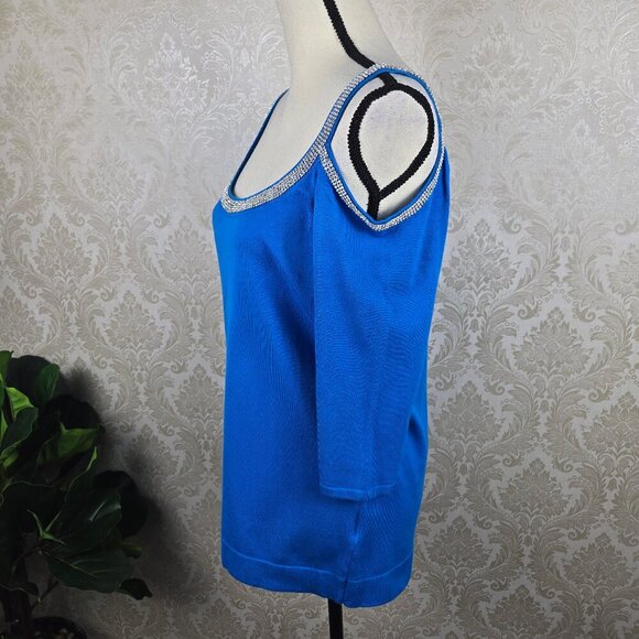 Belldini Size Large Cobalt/Royal Blue Cold Shoulder Knit with Rhinestone Accents - Picture 5 of 13